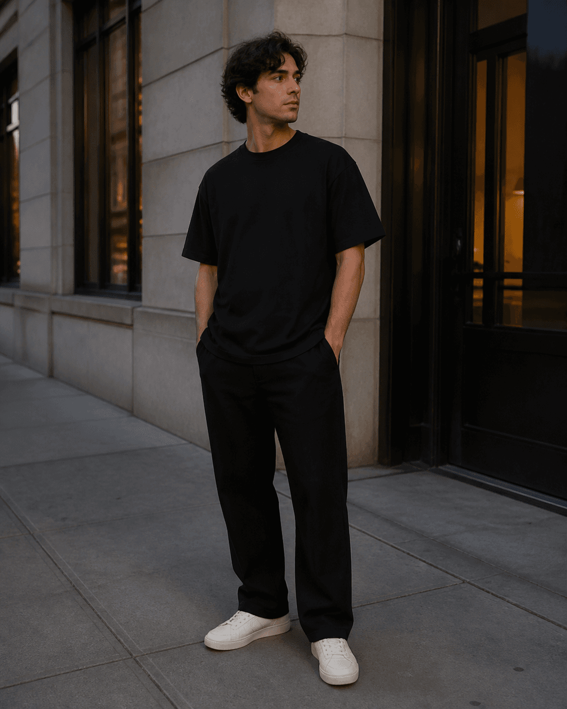 Model wearing the Black essential cotton t-shirt in an After Hours setting