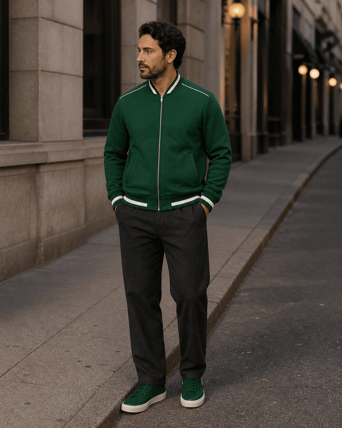Contrast Piping Zip Bomber Jacket in Dark Green, shown on a model for outfit context