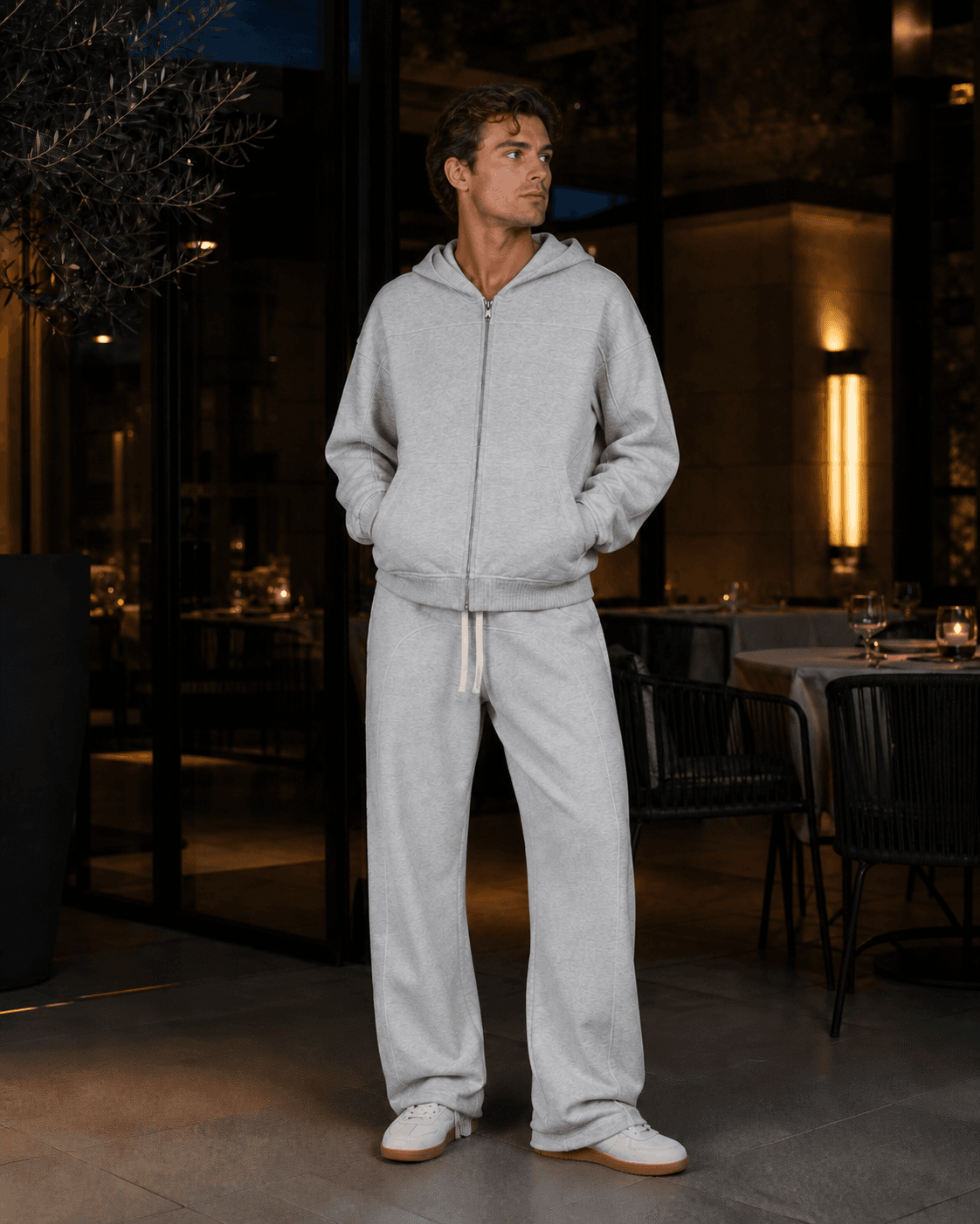 Contrast-Stitched Boxy Fleece Zip Hoodie in Flower Gray, styled in the Flower Gray Last Call look