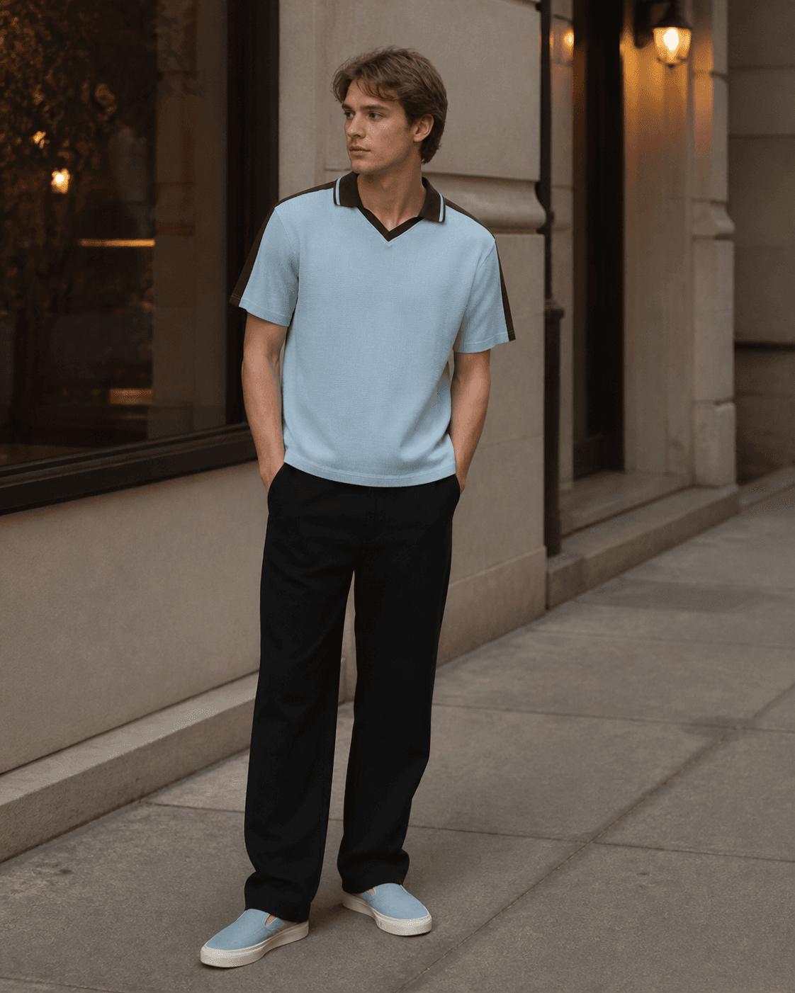 Unisex Color Block Polo Shirt in Sky Blue, shown on a model for outfit context