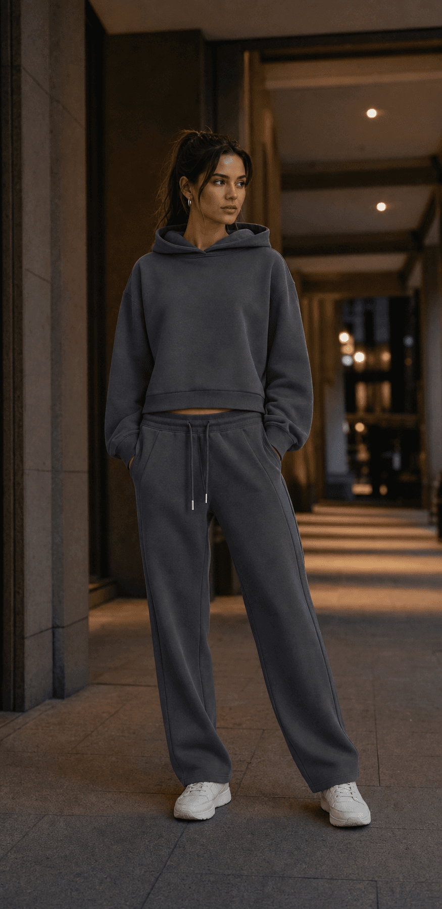 Essential Drawstring Straight-Leg Sweatpants in Charcoal Gray, styled in the Charcoal Cropped Essential look