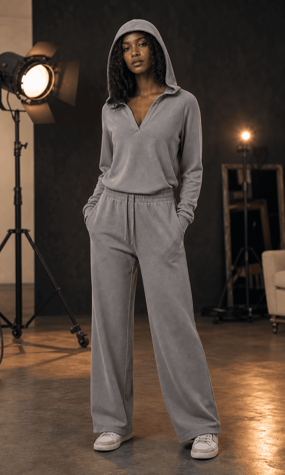 Vintage Washed Waist Pants in Medium Gray, styled in the Medium Gray Raw Edge look