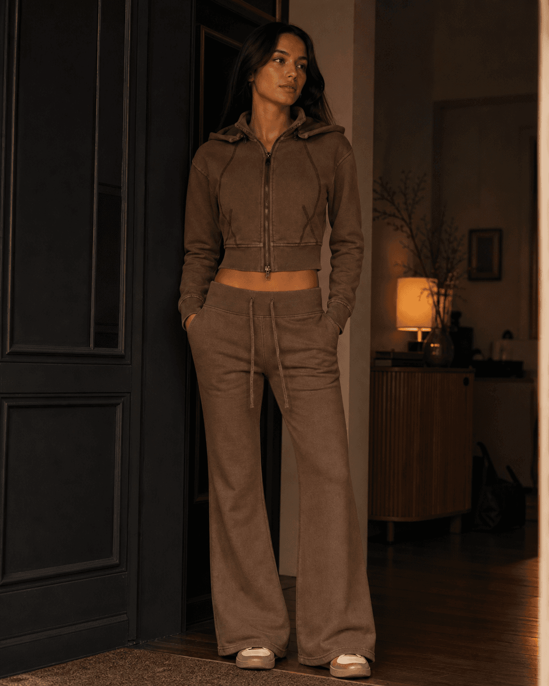 Vintage Washed Cropped Fleece Hoodie in Coffee, styled in the Coffee Heavy Fleece look