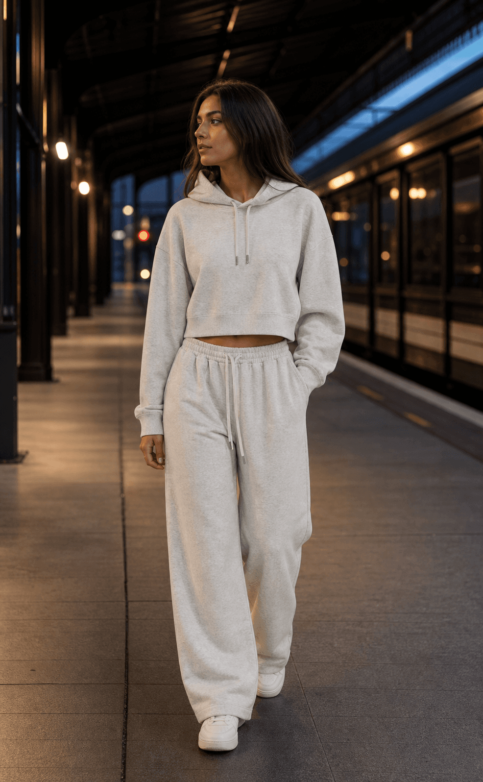 Essential Cropped Hoodie in Oat Gray, styled in the Oat Gray Weekend Set look