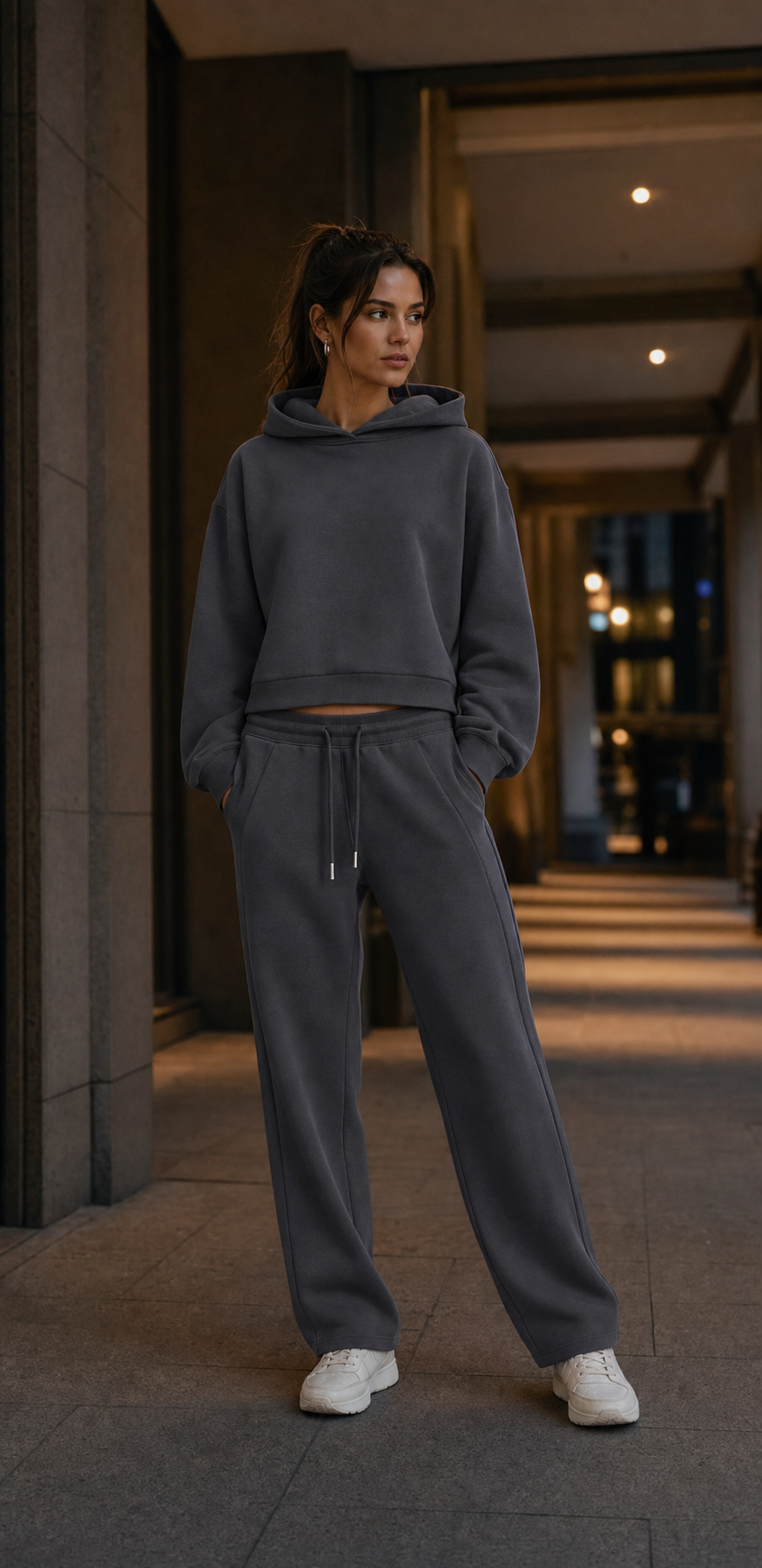 A model wearing the Charcoal Cropped Essential After Hours look