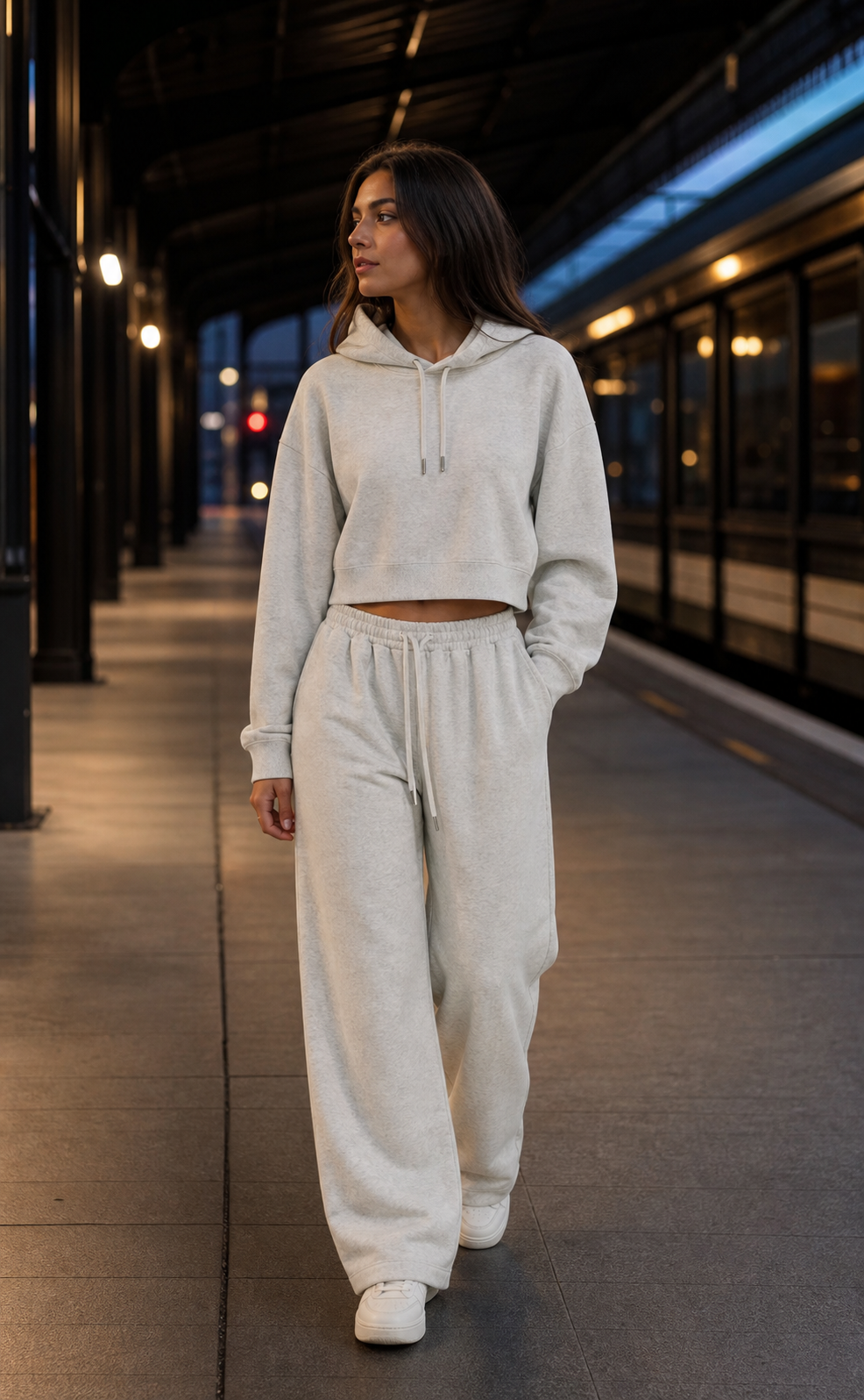 A model wearing the Oat Gray Weekend Set After Hours look