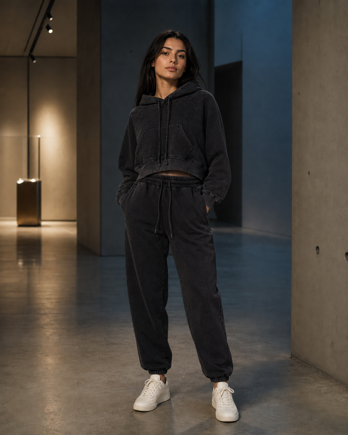 A model wearing the Black Snow-Wash Crop After Hours look