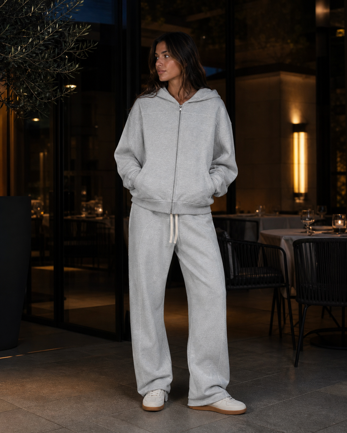 A model wearing the Flower Gray Contrast Stitch After Hours look