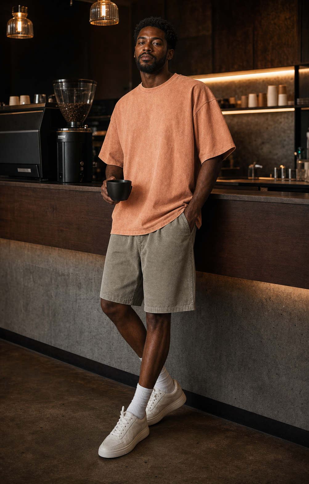 A man wearing the Coffee After Close After Hours look