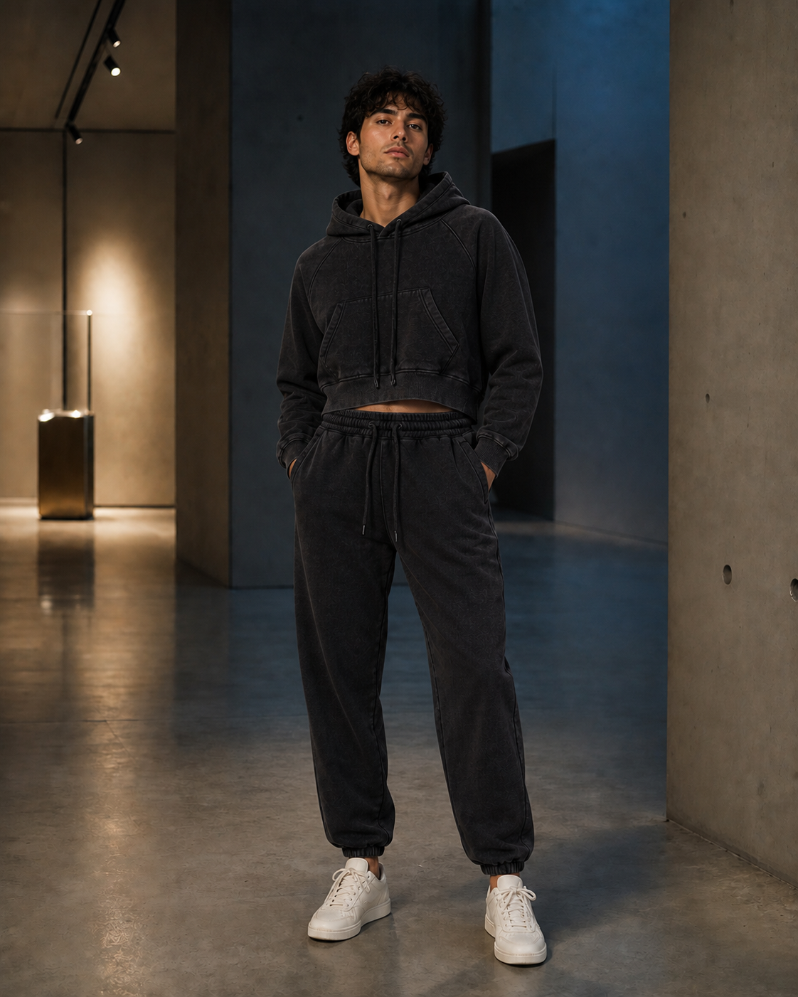 A man wearing the Black Snow-Wash Late Shift After Hours look