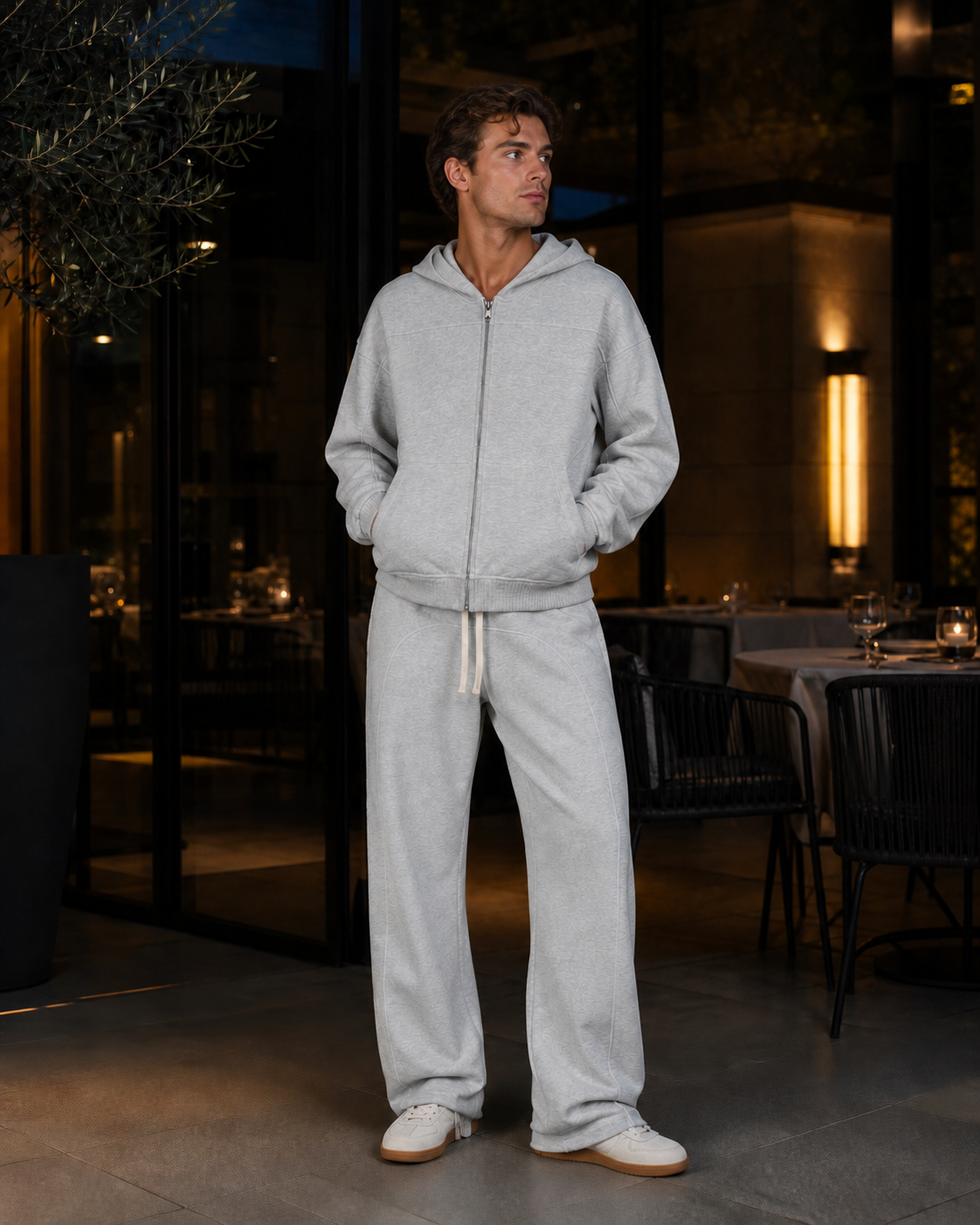 A man wearing the Flower Gray Last Call After Hours look